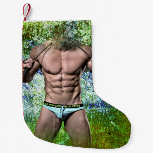 SlipperyJoes mycket muskulösa vuxna man utan skjor Liten Julstrumpa
