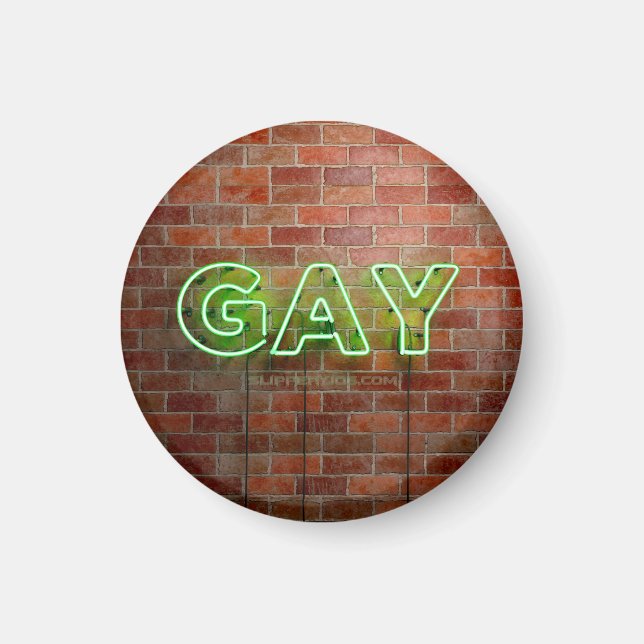 SlipperyJoe's neon Gay Sign grönt bricks wall ord Magnet (Framsidan)