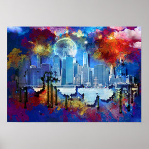 SlipperyJoe's NYC skyskrapor graffiti måne byggnad Poster