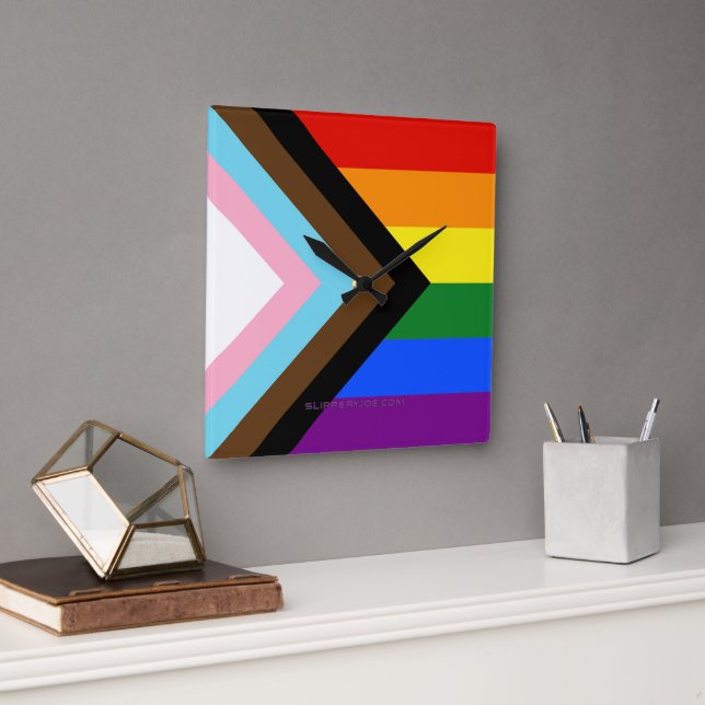 SlipperyJoe's Progress Pride Flag sex klassiska ho Fyrkantig Klocka (Kontor)