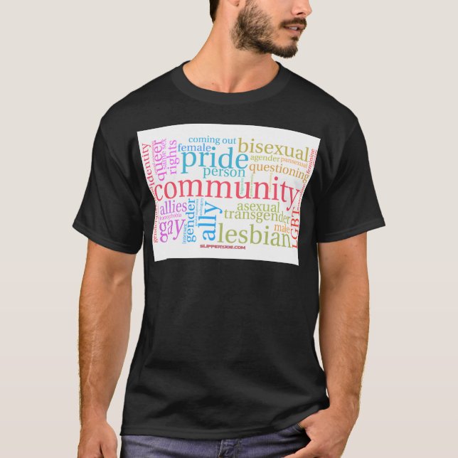 SlipperyJoe's regnbåge LGBTQ+ community-molnet ord T Shirt (Framsida)