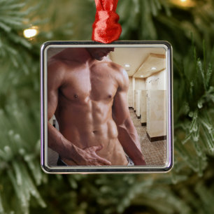 SlipperyJoe's shirtless muskulösa manliga torso se Julgransprydnad Metall