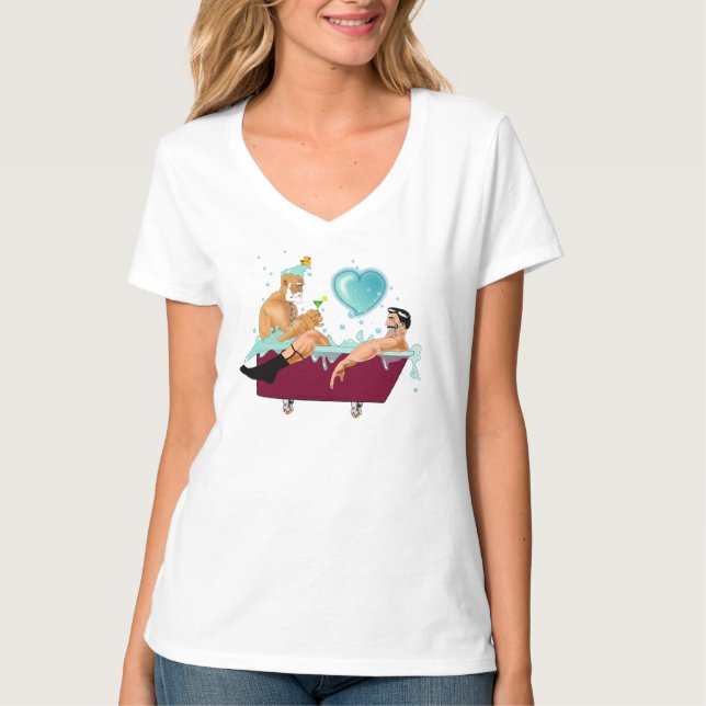 SlipperyJoes två gay manar kärlek tecknad Bathtub  T Shirt (Framsida)