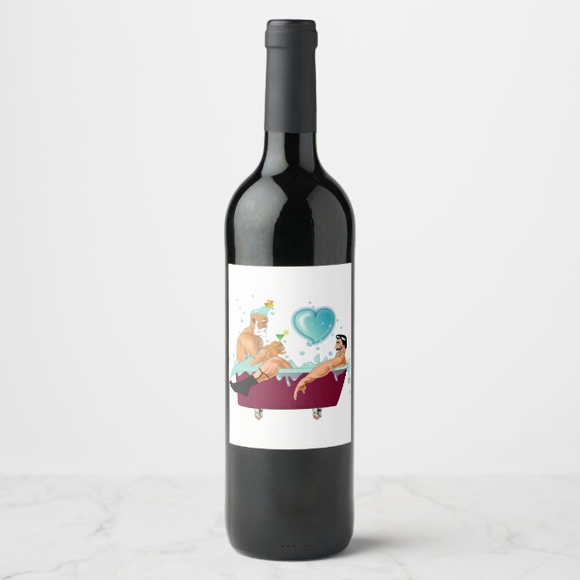 SlipperyJoes två gay manar kärlek tecknad Bathtub  Vinflaska Etikett (Framsida)