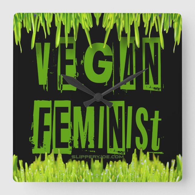 SlipperyJoe's Vegan feminist-gräs, ord-block Fyrkantig Klocka (Framsida)