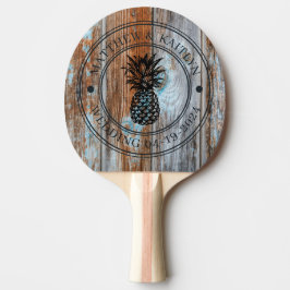 Sliten Blå Tvätt Trä Ananas Bröllopsvapen & Namn Pingisracket
