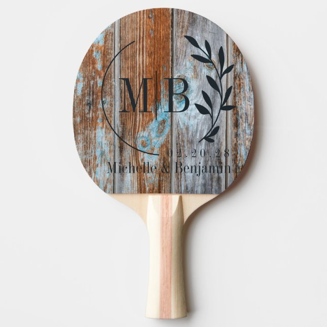Sliten Blå Tvätt Trä Blad Bröllops Monogram Pingisracket (Framsidan)