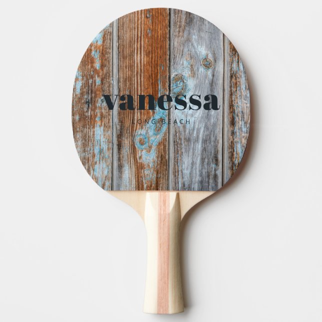 Sliten Blå Tvätt Trä Minimal Modern Klassisk Namn Pingisracket (Framsidan)