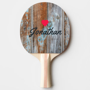 Sliten Blå Tvätt Trä Vintage Hjärta Signatur Pingisracket