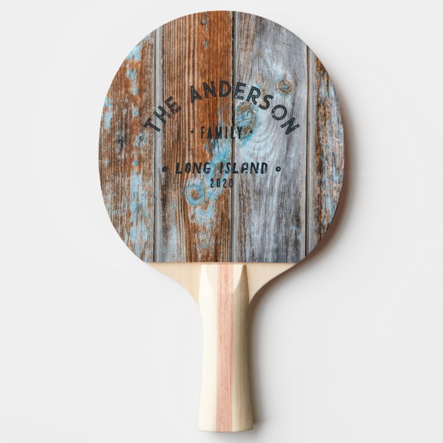 Sliten Blå Tvätt Trä Vintage Strand Familjenamn Pingisracket (Framsidan)