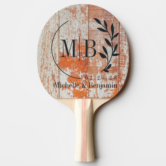 Slitet Lantligt Trä Blad Bröllopsmonogram Pingisracket (Baksidan)