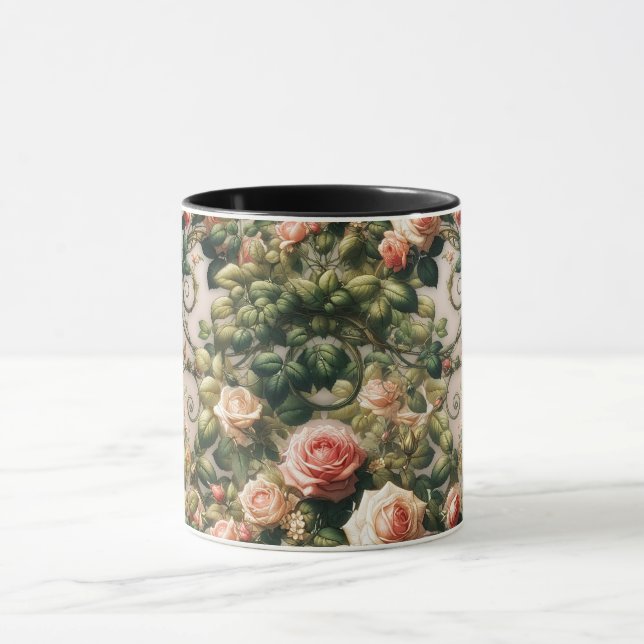 Slitna Chic Rosa Rosrankor Blommig Elegant Mugg (Center)