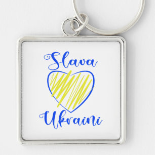 Slogan Slava Ukrainini Glory to Ukraina eart Fyrkantig Silverfärgad Nyckelring