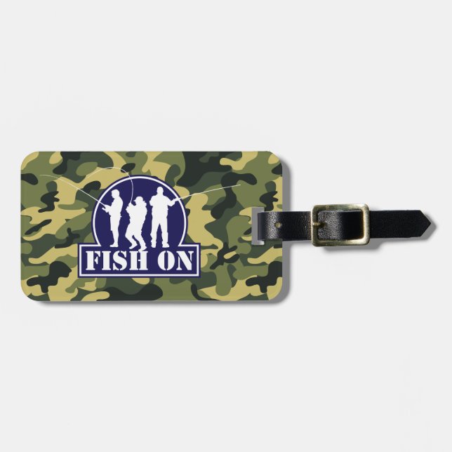 Slösa "fisken på" fiskelogotyp på grön kamouflage, bagagebricka (Horisontell Framsida)