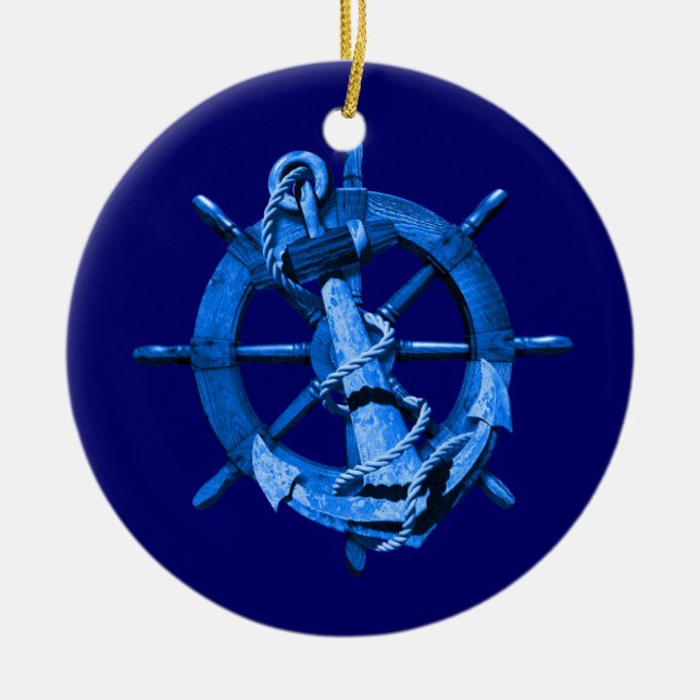 Slösa nautiska frakter rullar och ankrar julgransprydnad keramik (Framsidan)