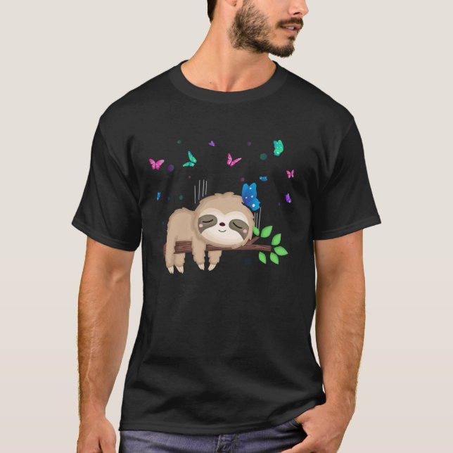 Sloth and Butterflies Cute Wildlife Nature T Shirt (Framsida)