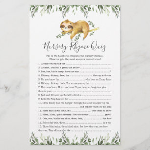 Sloth Animals Baby Shower Nursery Rhyme Quiz-spel