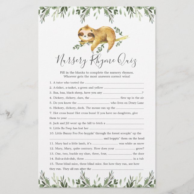 Sloth Animals Baby Shower Nursery Rhyme Quiz-spel (Framsida)