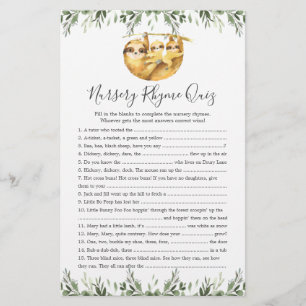 Sloth Animals Baby Shower Nursery Rhyme Quiz-spel