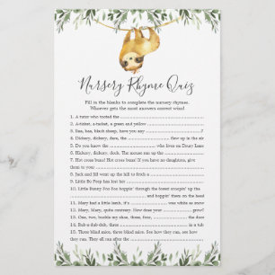 Sloth Animals Baby Shower Nursery Rhyme Quiz-spel