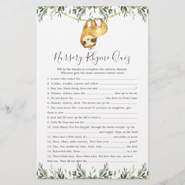 Sloth Animals Baby Shower Nursery Rhyme Quiz-spel (Framsida)