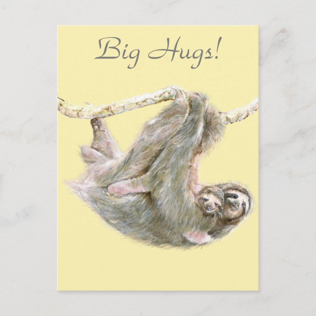 Sloth, baby med mamma som klumpar "Big Hugs" Vykort (Framsida)