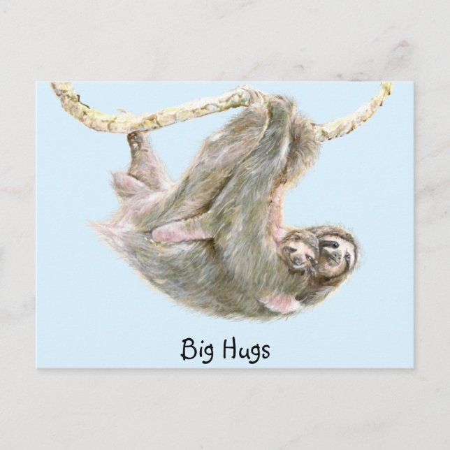 Sloth, baby med mamma som klumpar "Big Hugs" Vykort (Framsida)
