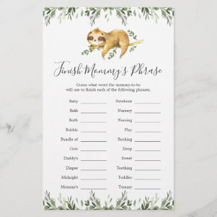 Sloth Baby Shower Avslutar Mamma Phrase-spel