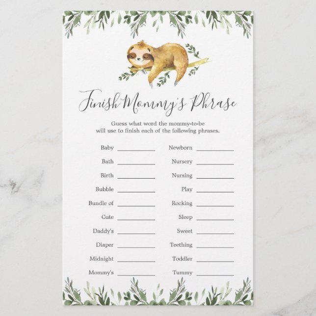 Sloth Baby Shower Avslutar Mamma Phrase-spel (Framsida)