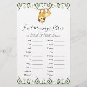 Sloth Baby Shower Avslutar Mamma Phrase-spel