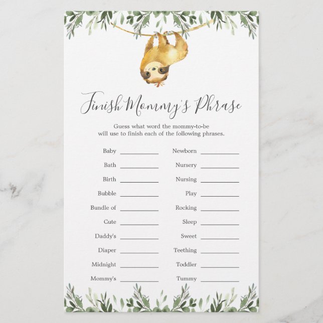 Sloth Baby Shower Avslutar Mamma Phrase-spel (Framsida)