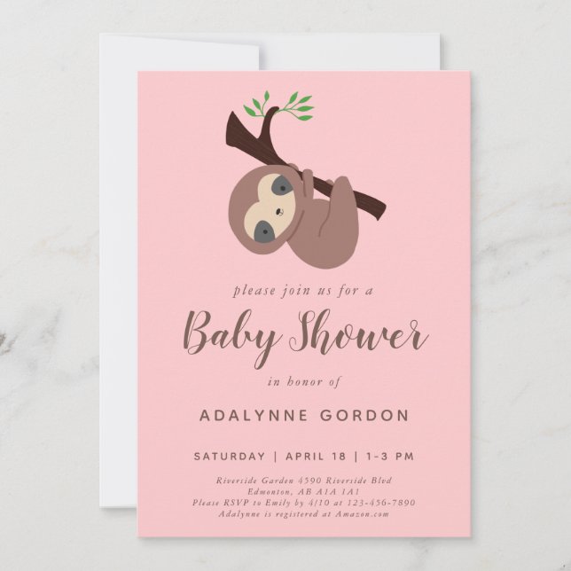 Sloth Baby Shower Girl Rosa Brown Cute Inbjudningar (Framsida)
