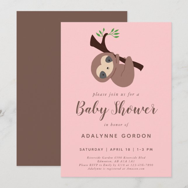 Sloth Baby Shower Girl Rosa Brown Modern Simple Inbjudningar (Fram/baksida)