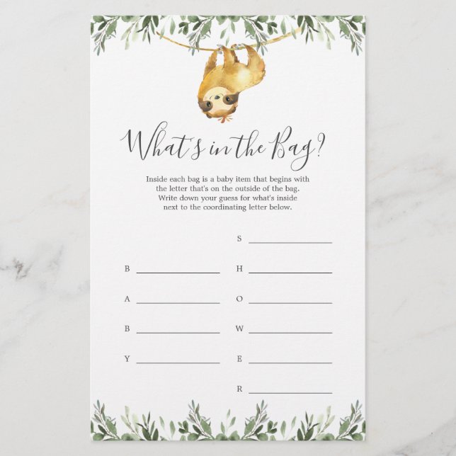 Sloth Baby Shower Gissa vad som finns i Bag-spelet (Framsida)