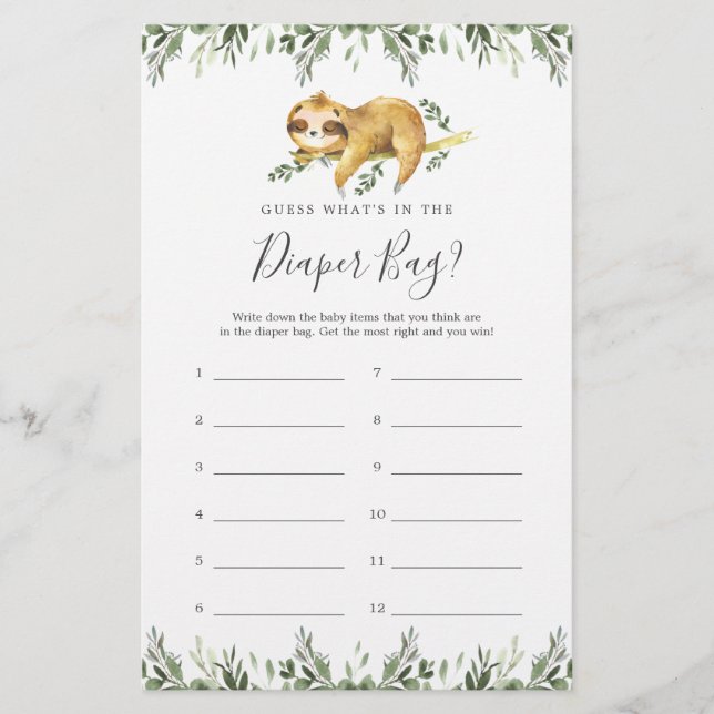 Sloth Baby Shower Gissa vad som finns i papperskor (Framsida)