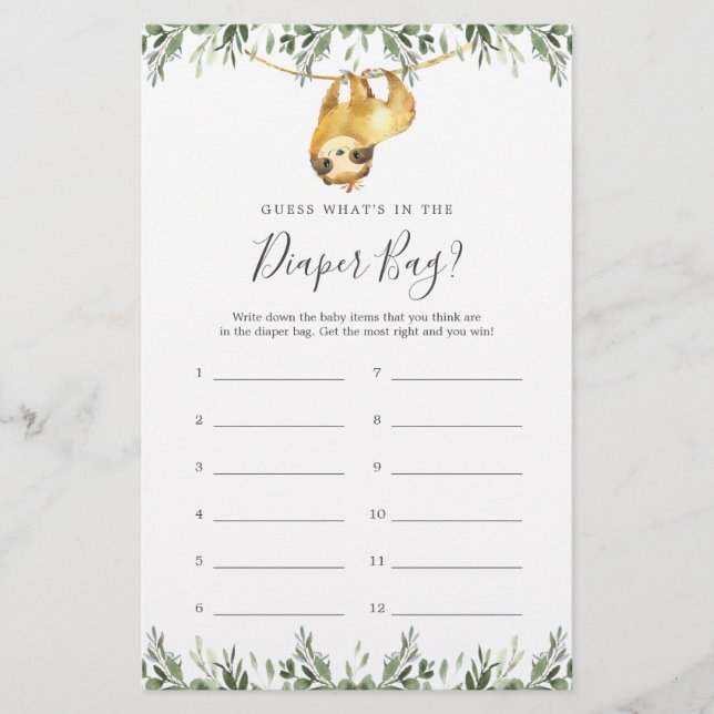 Sloth Baby Shower Gissa vad som finns i papperskor (Framsida)