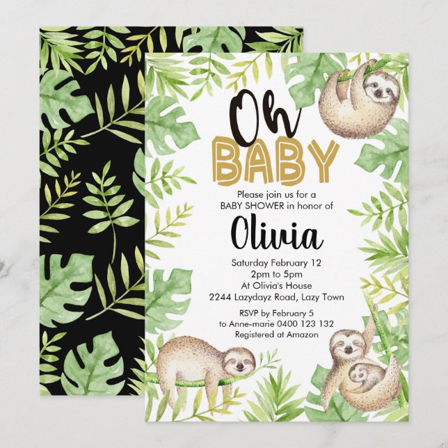 Sloth Baby Shower Inbjudan Baby Sloth (Fram/baksida)