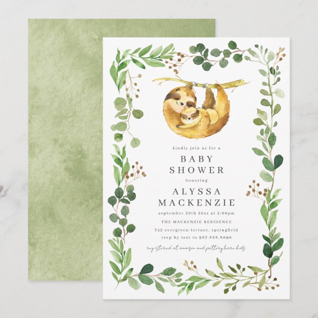 Sloth Baby Shower Invitation Inbjudningar (Fram/baksida)