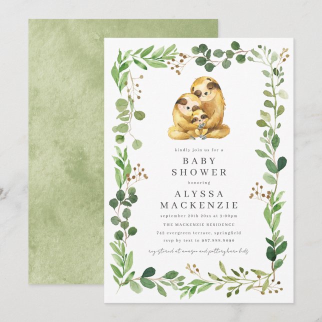 Sloth Baby Shower Invitation Inbjudningar (Fram/baksida)