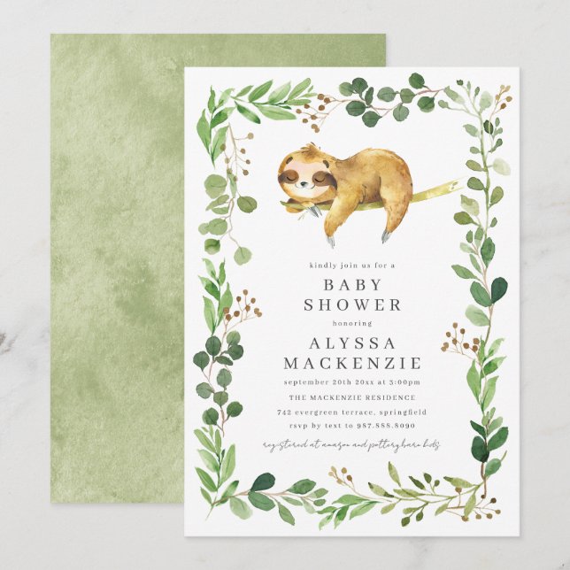 Sloth Baby Shower Invitation Inbjudningar (Fram/baksida)