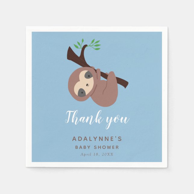 Sloth Baby Shower Jungle Script Cute Boy Blue Pappersservett (Framsidan)