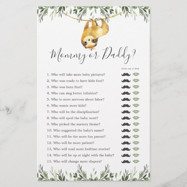 Sloth Baby Shower Mamma eller pappa Game (Framsida)