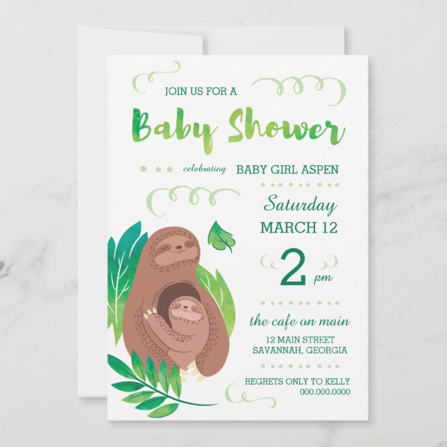Sloth Baby Shower Rainforest Jungle Theme Inbjudningar (Framsida)