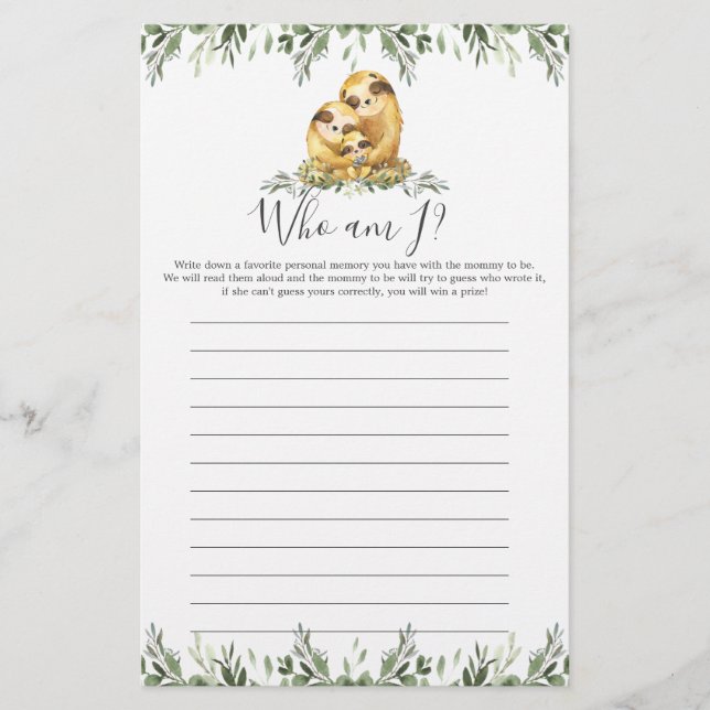 Sloth Baby Shower Vem är jag? (Framsida)