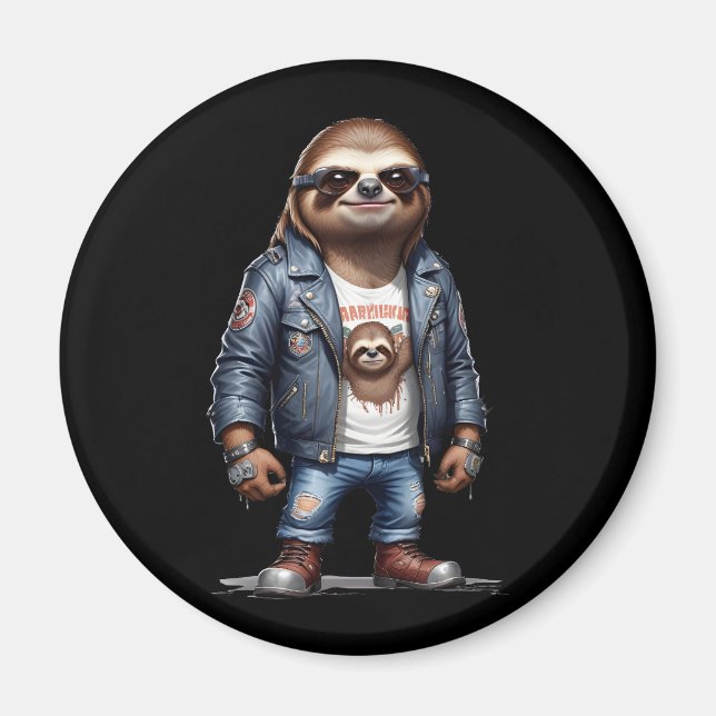 Sloth Biker Rebel Leather Jacka Coola Stil Urban Magnet (Framsidan)