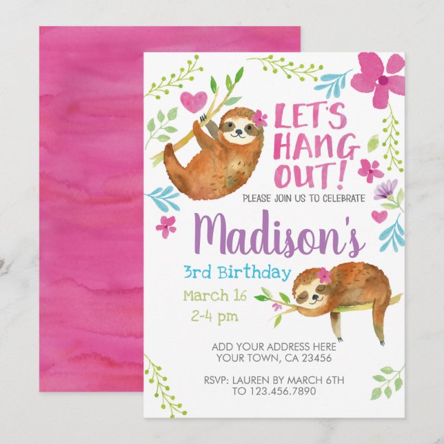 Sloth Birthday Inbjudningar (Fram/baksida)