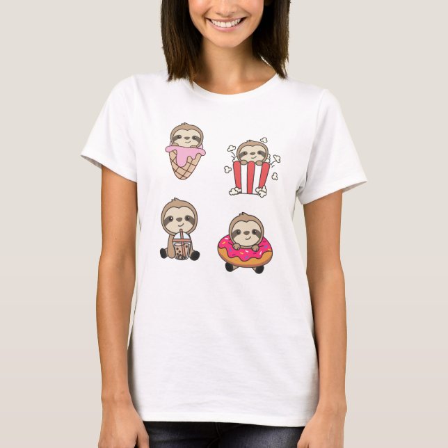 Sloth Candy Bubble Tea Popcorn Donut Sweet T Shirt (Framsida)