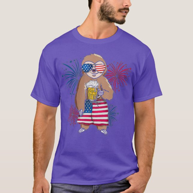 Sloth Cheer Beer American Flagga Fireworks Day T Shirt (Framsida)