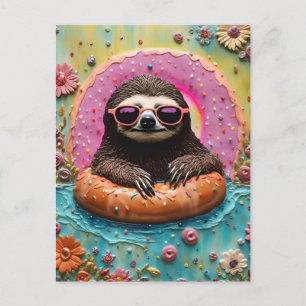 Sloth Chilling in a Flytande Donut Funny Collage Vykort