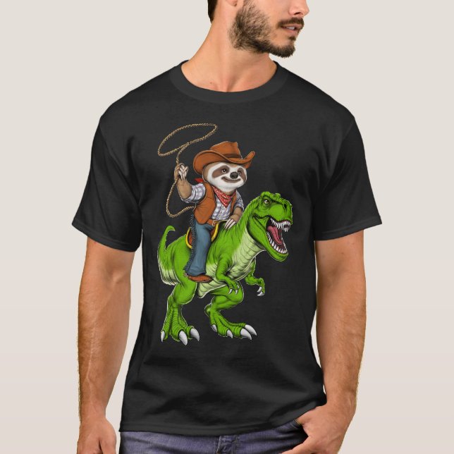 Sloth Cowboy Riding T-Rex Dinosaur T Shirt (Framsida)